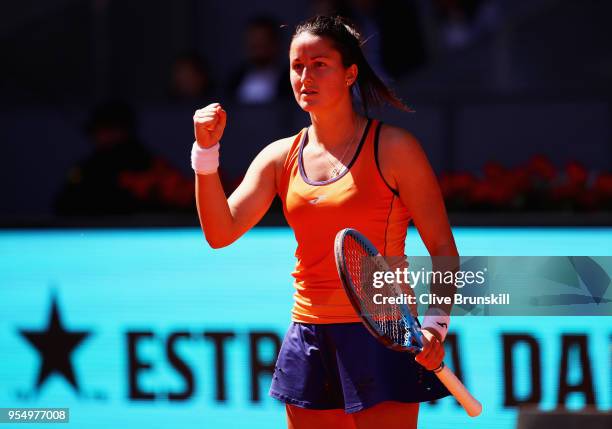 Lara Arruabarrena of Spain celebrates match point against Marta Kostyuk of the Ukraine in their first round match during day one of the Mutua Madrid...