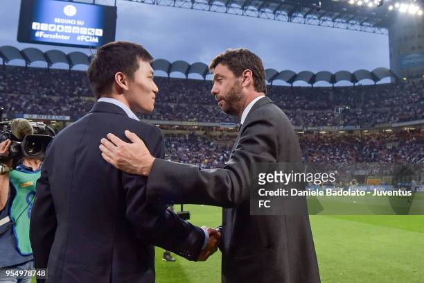 Steven Zhang Kangyang of Inter and Andrea Agnelli of Juventus in action during the serie A match between FC Internazionale and Juventus at Stadio...