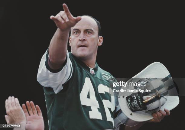 New York City firefighter and superfan for the New York Jets, Fireman Edwin M. Anzalone better known as Fireman Ed leads the J-E-T-S chant from...