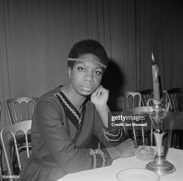 American singer Nina Simone at a reception in her honour at the Hanover Grand in London, 5th December 1968. She is in the UK on a flying visit.