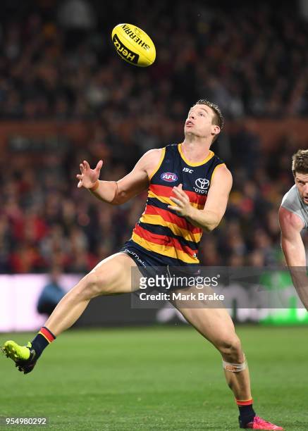 Josh Jenkins of the Adelaide Crows juggles a mark during the round seven AFL match between the Adelaide Crows and the Carlton Blues at Adelaide Oval...