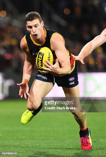 Josh Jenkins of the Adelaide Crows juggles a mark during the round seven AFL match between the Adelaide Crows and the Carlton Blues at Adelaide Oval...