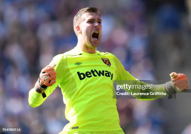 Adrian of West Ham United celebrates his side's first goal during the Premier League match between Leicester City and West Ham United at The King...