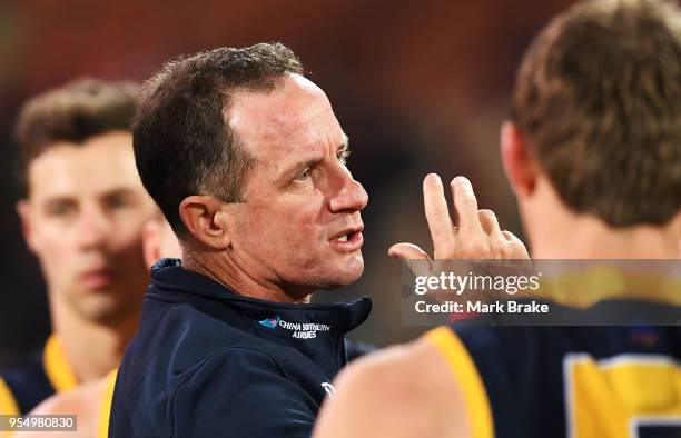 Don Pyke, coach of the Adelaide Crows at three quarter time during the round seven AFL match between the Adelaide Crows and the Carlton Blues at...