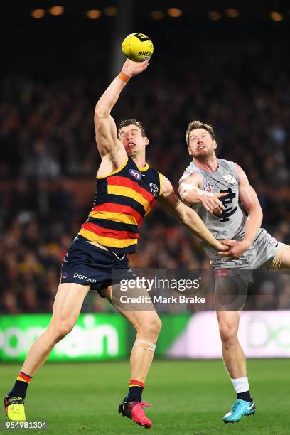 Josh Jenkins of the Adelaide Crows juggles a mark during the round seven AFL match between the Adelaide Crows and the Carlton Blues at Adelaide Oval...