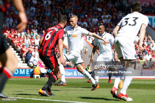 Mike van der Hoorn of Swansea City during the Premier League match between AFC Bournemouth and Swansea City at Vitality Stadium on May 05, 2018 in...