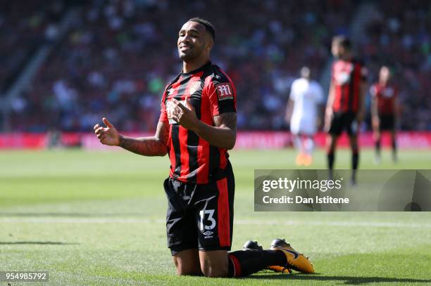 Callum Wilson of AFC Bournemouth reacts during the Premier League match between AFC Bournemouth and Swansea City at Vitality Stadium on May 5, 2018...
