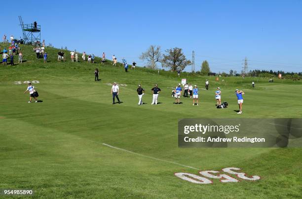 Mel Reid of the European Women plays his second shot on the 3rd hole during Day One of the GolfSixes at The Centurion Club on May 5, 2018 in St...