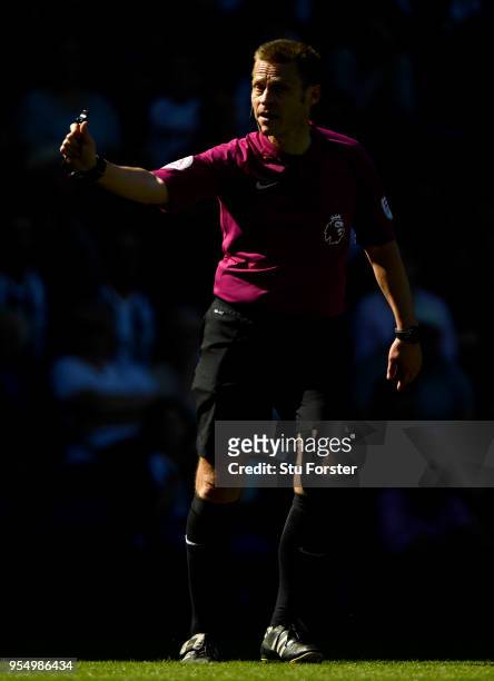 Referee Mike Jones in action during the Premier League match between West Bromwich Albion and Tottenham Hotspur at The Hawthorns on May 5, 2018 in...