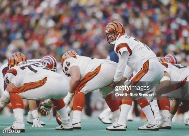 Boomer Esiason, Quarterback for the Cincinnati Bengals"r"ncalls the play on the line of scrimmage during the American Football Conference East game...