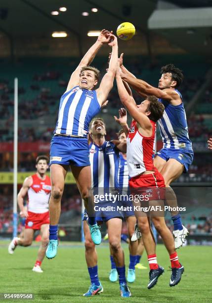 Mason Wood of the Kangaroos competes for the ball during the round seven AFL match between the Sydney Swans and the North Melbourne Kangaroos at...