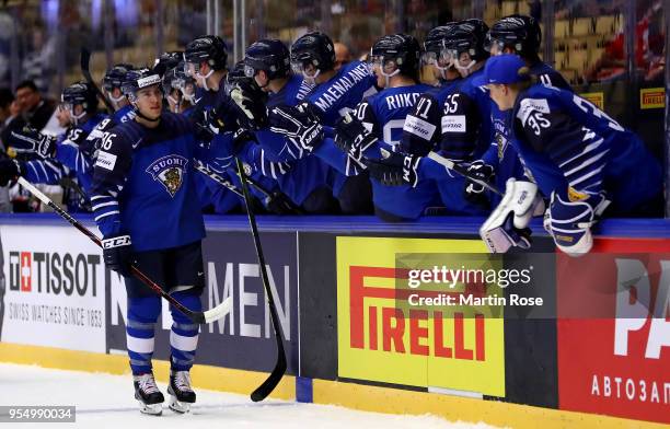 Teuvo Teravainen of Finland celebrate with his team mates after he scores the 2nd goal during the 2018 IIHF Ice Hockey World Championship group stage...