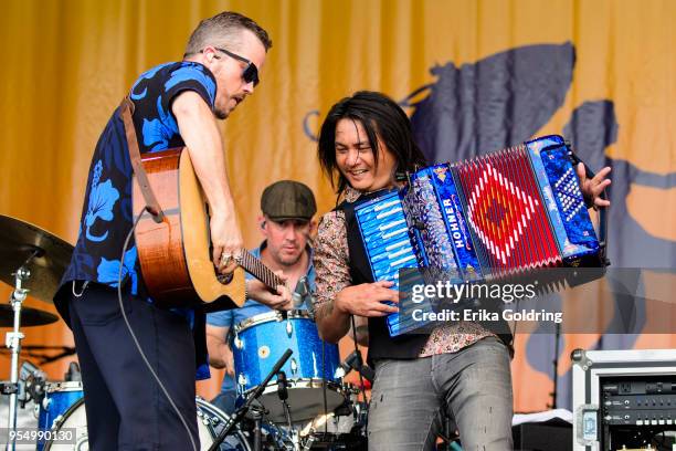 Jason Isbell, Chad Gamble and Derry deBorja of Jason Isbell and The 400 Unit perform at Fair Grounds Race Course on May 4, 2018 in New Orleans,...