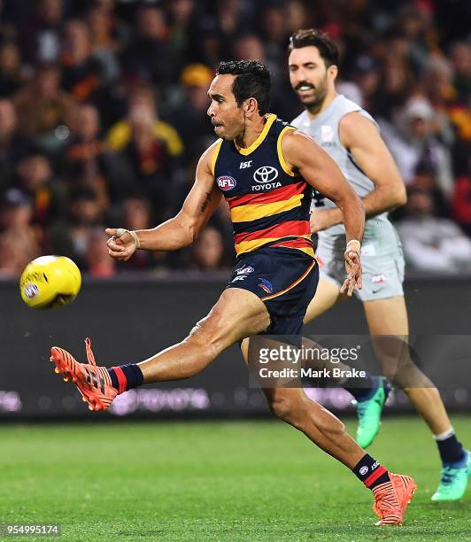 Eddie Betts of the Adelaide Crows kicks a goal during the round seven AFL match between the Adelaide Crows and the Carlton Blues at Adelaide Oval on...