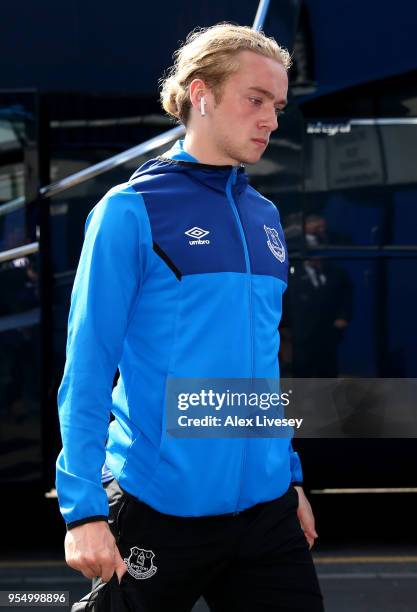 Tom Davies of Everton arrives at the stadium prior to the Premier League match between Everton and Southampton at Goodison Park on May 5, 2018 in...