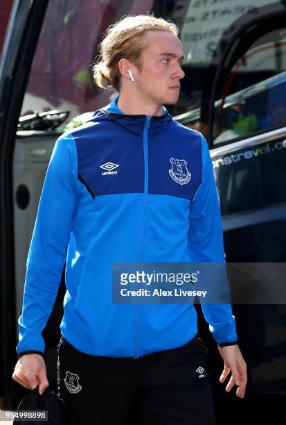 Tom Davies of Everton arrives at the stadium prior to the Premier League match between Everton and Southampton at Goodison Park on May 5, 2018 in...