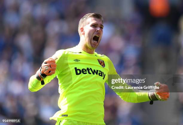 Adrian of West Ham United celebrates his side's first goal during the Premier League match between Leicester City and West Ham United at The King...
