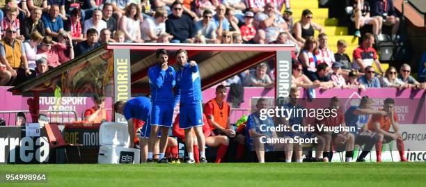 Lincoln City manager Danny Cowley, left, and Lincoln City's assistant manager Nicky Cowley during the Sky Bet League Two match between Lincoln City...