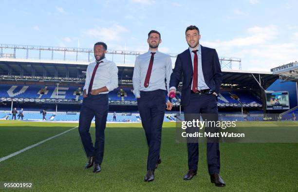 To R, Nathan Redmond, Jack Stephens and Sam McQueen of Southampton ahead of the Premier League match between Everton and Southampton at Goodison Park...