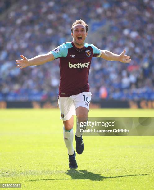 Mark Noble of West Ham United celebrates scoring his side's second goal during the Premier League match between Leicester City and West Ham United at...