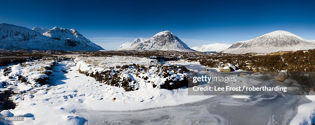 View across snow-covered Rannoch Moor to Buachaille Etive Mor, Highland, Scotland, United Kingdom, Europe