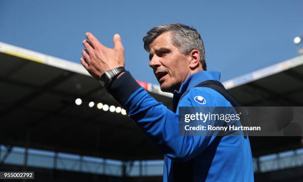 Head coach Jens Haertel of 1. FC Magdeburg gestures during the 3. Liga match between 1. FC Magdeburg and Chemnitzer FC at MDCC-Arena on May 5, 2018...