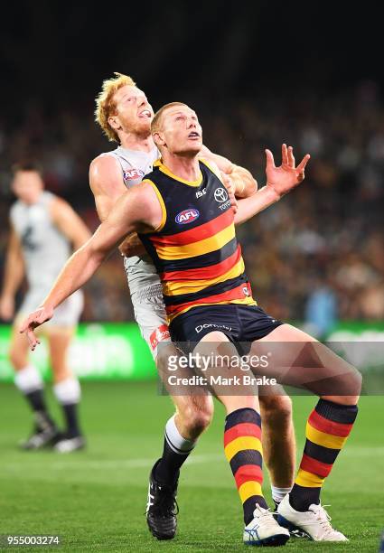 Andrew Phillips of the Blues rucks against Sam Jacobs of the Adelaide Crows during the round seven AFL match between the Adelaide Crows and the...