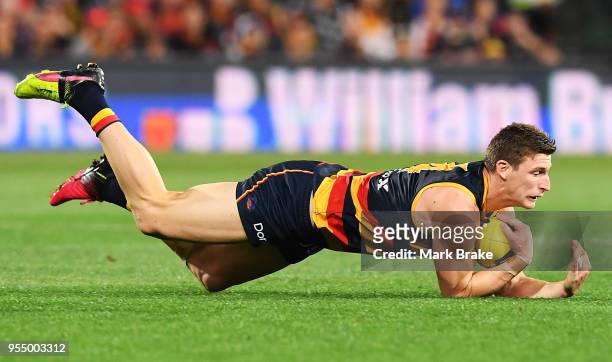 Josh Jenkins of the Adelaide Crows marks during the round seven AFL match between the Adelaide Crows and the Carlton Blues at Adelaide Oval on May 5,...