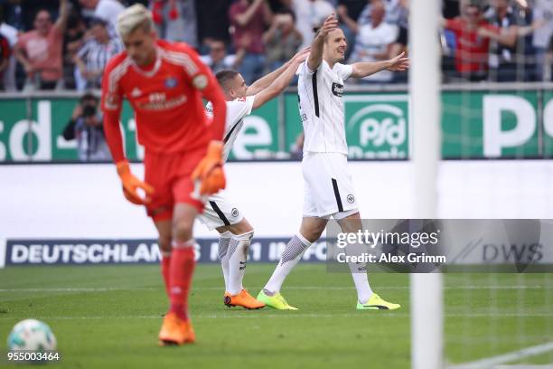 Alexander Meier of Frankfurt celebrates after he scored a goal to make it 3:0 during the Bundesliga match between Eintracht Frankfurt and Hamburger...