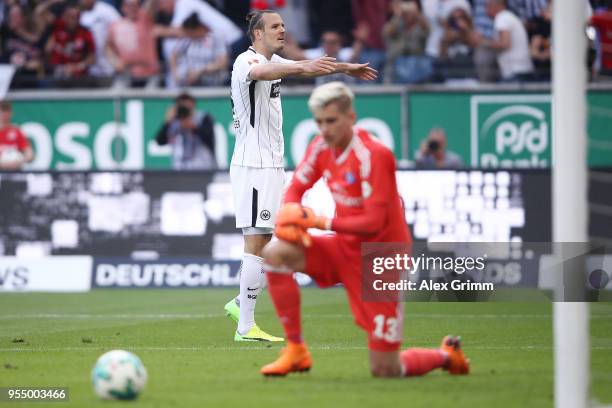 Alexander Meier of Frankfurt celebrates after he scored a goal to make it 3:0 during the Bundesliga match between Eintracht Frankfurt and Hamburger...