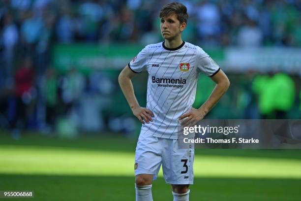 Panagiotis Retsos of Leverkusen looks dejected after the Bundesliga match between SV Werder Bremen and Bayer 04 Leverkusen at Weserstadion on May 5,...