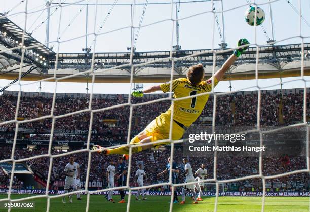 Goalkeeper Lukas Hradecky of Frankfurt saves a ball during the Bundesliga match between Eintracht Frankfurt and Hamburger SV at Commerzbank-Arena on...