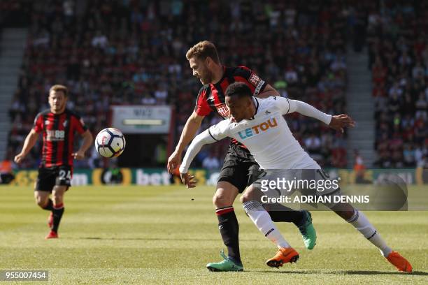 Bournemouth's English defender Simon Francis vies with Swansea City's Swedish defender Martin Olsson during the English Premier League football match...