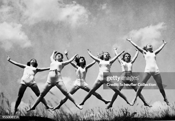 Group of girls jumping, A group of jumping girls Prague, Czech Lands.