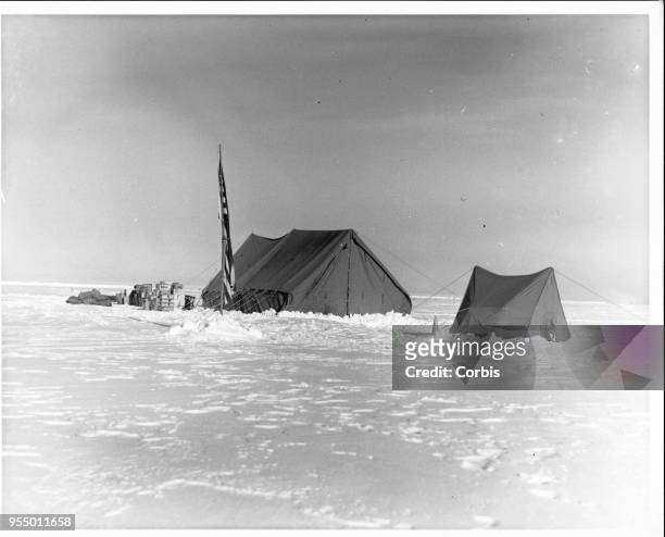Cook tent at the west base, Food and storage containers set outside the cook tent at the west base for Admiral Byrd's Antarctic Expedition Antarctica.