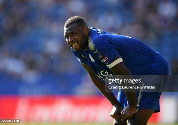 Wes Morgan of Leicester City reacts during the Premier League match between Leicester City and West Ham United at The King Power Stadium on May 5,...