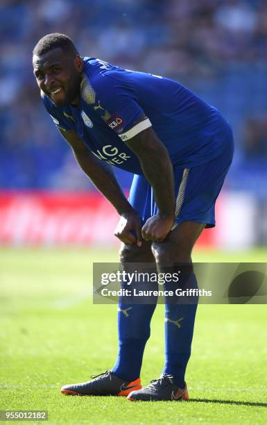 Wes Morgan of Leicester City reacts during the Premier League match between Leicester City and West Ham United at The King Power Stadium on May 5,...