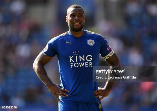 Wes Morgan of Leicester City reacts during the Premier League match between Leicester City and West Ham United at The King Power Stadium on May 5,...