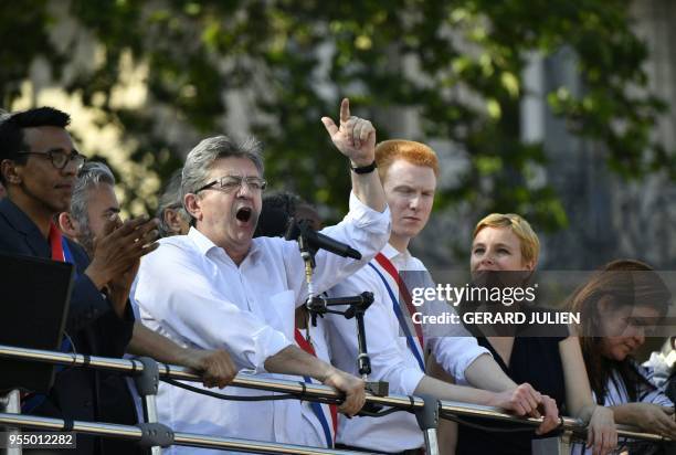 French leftist party "La France Insoumise" leader and MP Jean-Luc Melenchon , flanked by LFI MPs Adrien Quatennens, Clementine Autain and former LFI...