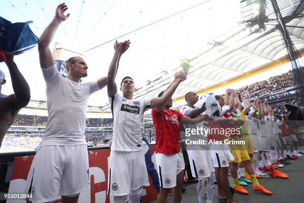 Alexander Meier of Frankfurt and players of Frankfurt celebrate in front of their supporters, after the Bundesliga match between Eintracht Frankfurt...