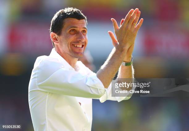 Javi Gracia, Manager of Watford shows appreciation to the fans after the Premier League match between Watford and Newcastle United at Vicarage Road...