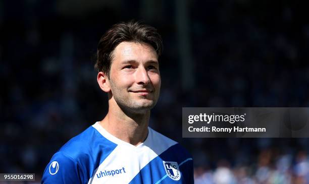 Marius Sowislo of 1. FC Magdeburg after the 3. Liga match between 1. FC Magdeburg and Chemnitzer FC at MDCC-Arena on May 5, 2018 in Magdeburg,...
