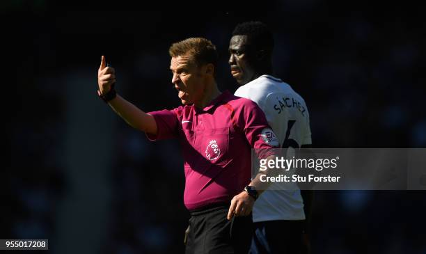 Referee Michael Jones reacts during the Premier League match between West Bromwich Albion and Tottenham Hotspur at The Hawthorns on May 5, 2018 in...