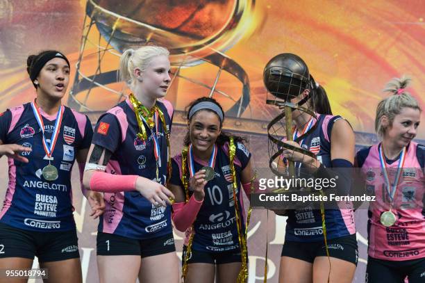 Yeisy Soto, Eva Mori, Janisa Johnson and Olga Strantzali of Beziers celebrates the victory during the Women Final Ligue A match between Beziers and...