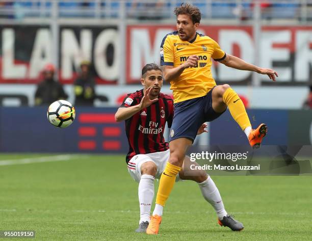 Alessio Cerci of Hellas Verona FC is challenged by Ricardo Rodriguez of AC Milan during the serie A match between AC Milan and Hellas Verona FC at...