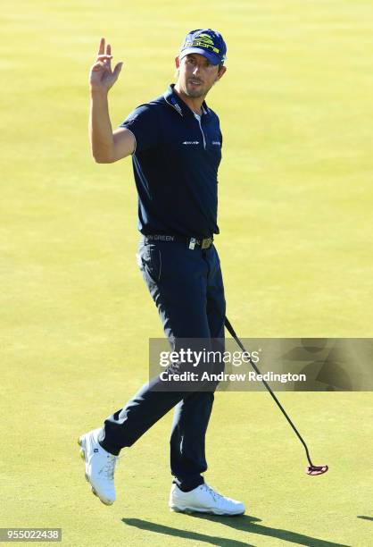 Alexander Bjork of Sweden acknowledges the crowd on the 6th hole during Day One of the GolfSixes at The Centurion Club on May 5, 2018 in St Albans,...