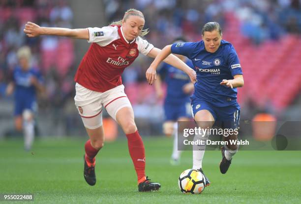 Fran Kirby of Chelsea holds off the challenge of Louise Quinn of Arsenal during the SSE Women's FA Cup Final match between Arsenal Women and Chelsea...