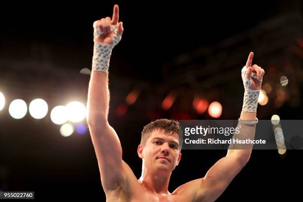 Luke Campbell celebrates winning after the Welterweight contest between Luke Campbell and Troy James at The O2 Arena on May 5, 2018 in London,...