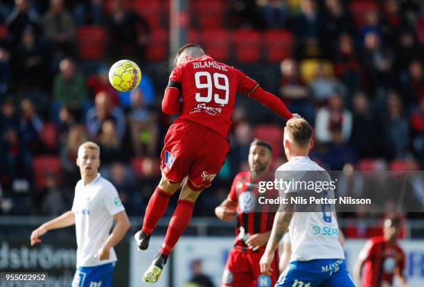 Dino Islamovic of Ostersunds FK shoots a header during the Allsvenskan match between Ostersunds FK and IFK Norrkoping at Jamtkraft Arena on May 5,...