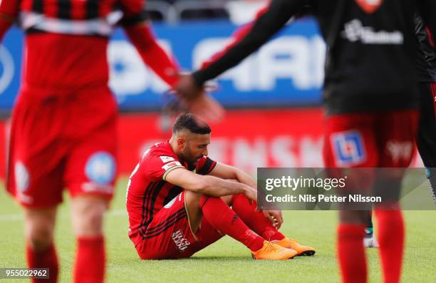 Saman Ghoddos of Ostersunds FK dejected after the Allsvenskan match between Ostersunds FK and IFK Norrkoping at Jamtkraft Arena on May 5, 2018 in...